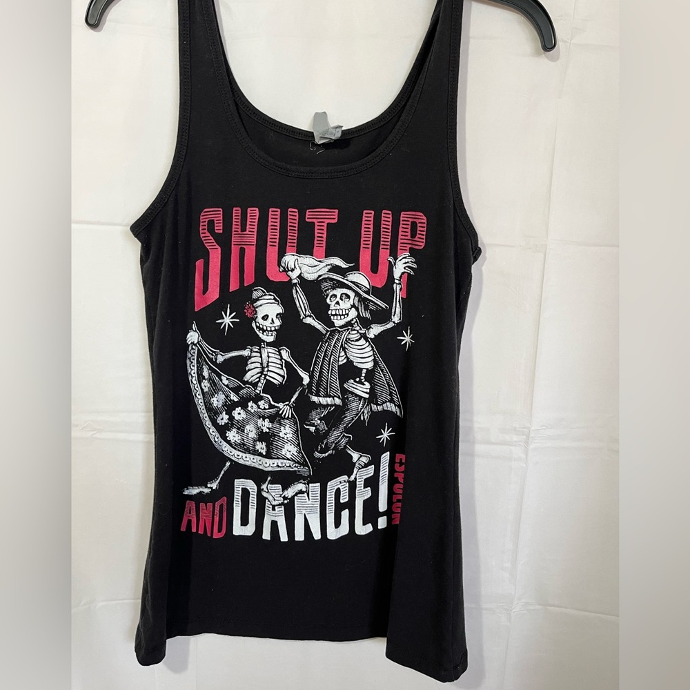 Next Level Apparel Black Tank Top with Pink and White Skeleton Graphic